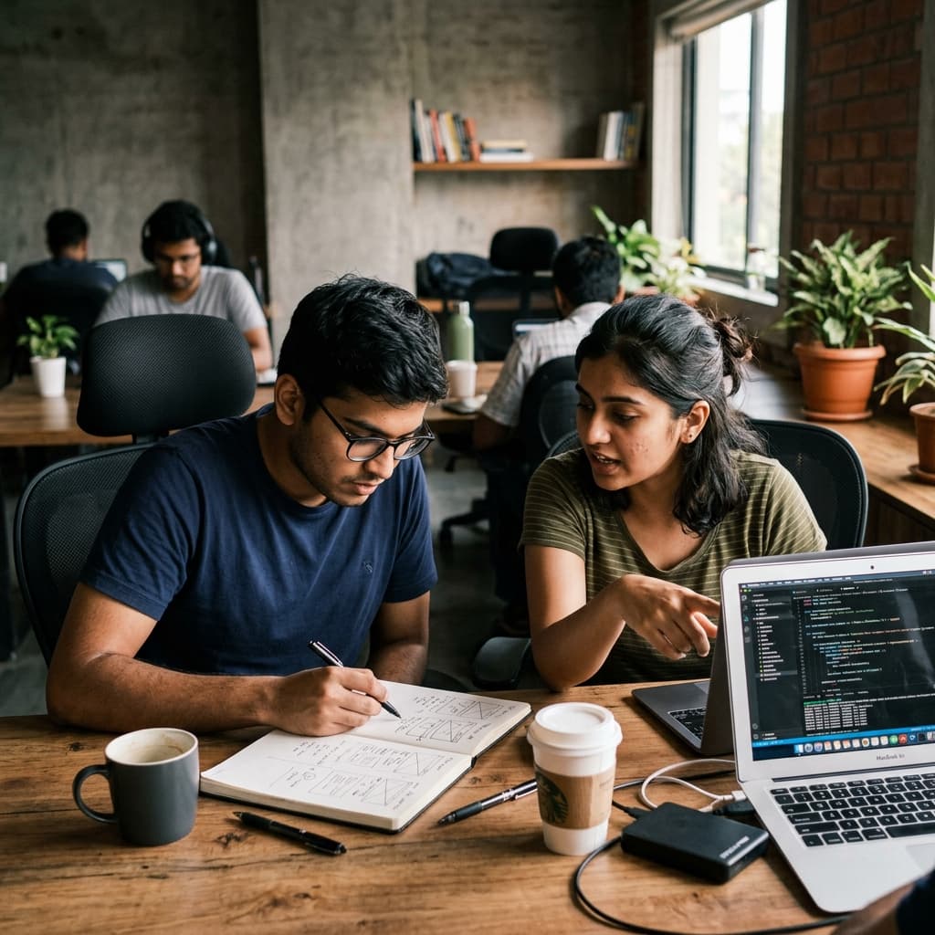 Two founders brainstorming product wireframes at a co-working space